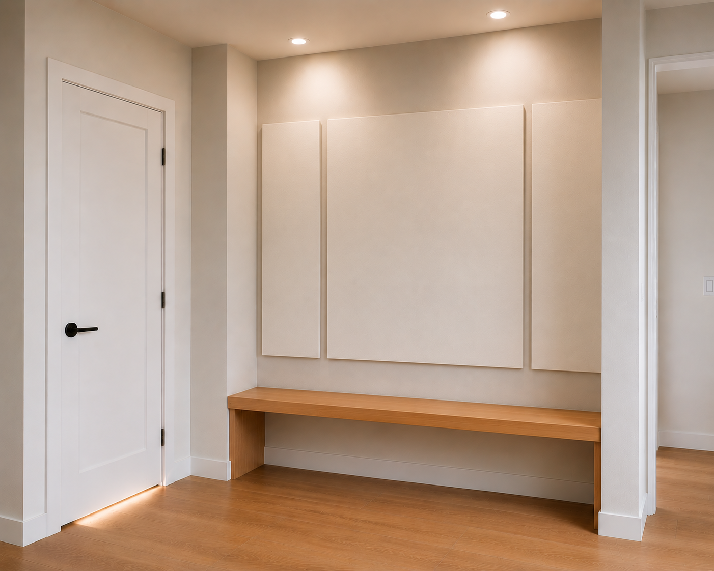 Panel placement and scale study — entryway with blank triptych panels