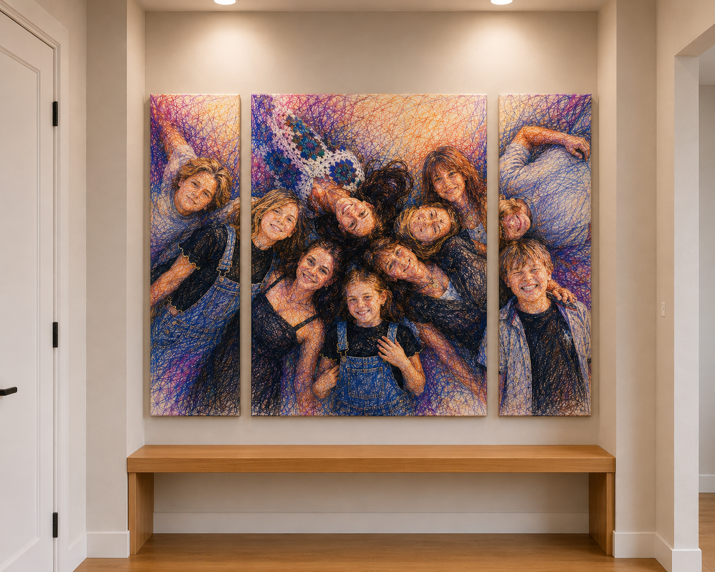 Approved concept rendering — the painted family portrait triptych in the entryway